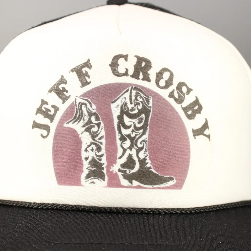 VINTAGE Jeff Crosby Hat‎ Cap Foam Snapback Trucker Black White Country Rock